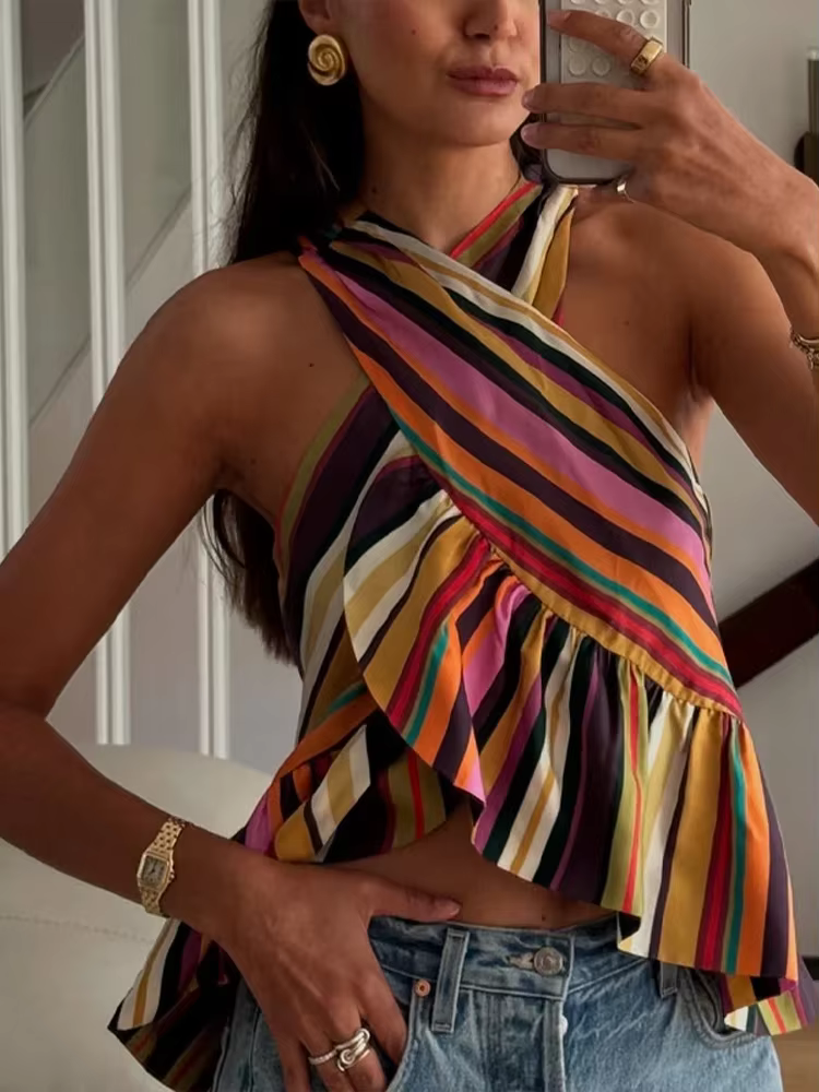 Haut court licou rayé pour femme