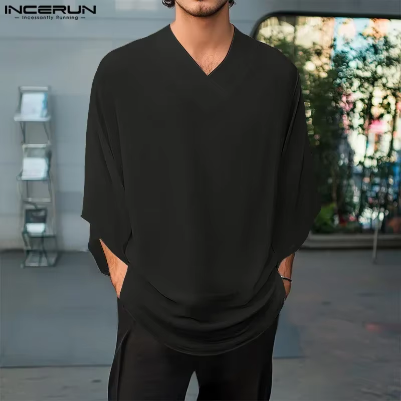 INCERUN hommes t-shirt couleur unie col en V demi manches surdimensionné mâle