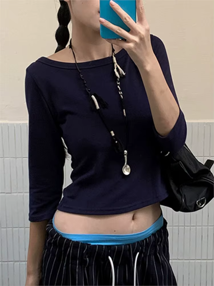 Simple trois quarts manches T-shirts femme automne solide basique Slash cou coton mince haut court