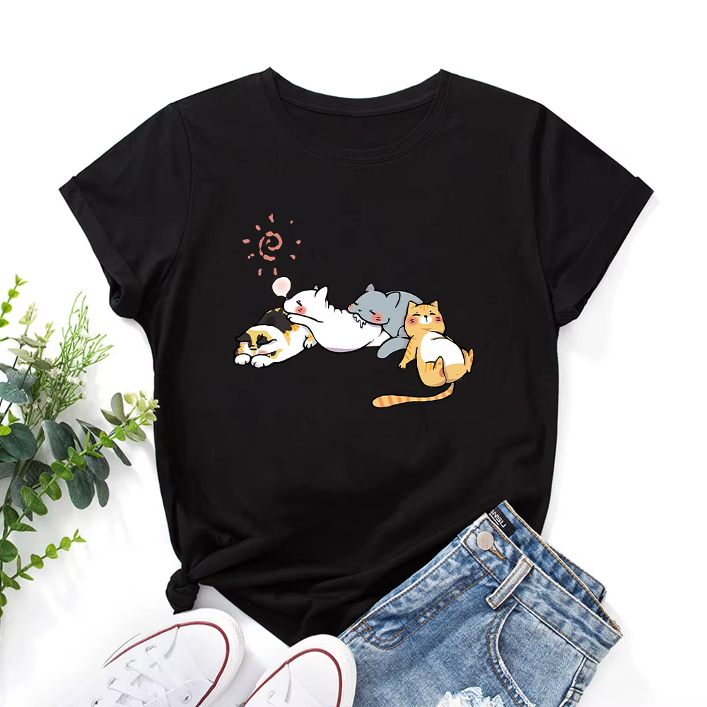 100% coton femmes T-shirt dormir chat imprimé graphique t-shirts amples chemise à manches courtes femme