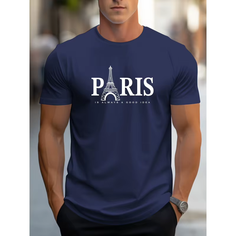 T-shirt à motif Tour Eiffel de Paris pour hommes - Col rond décontracté