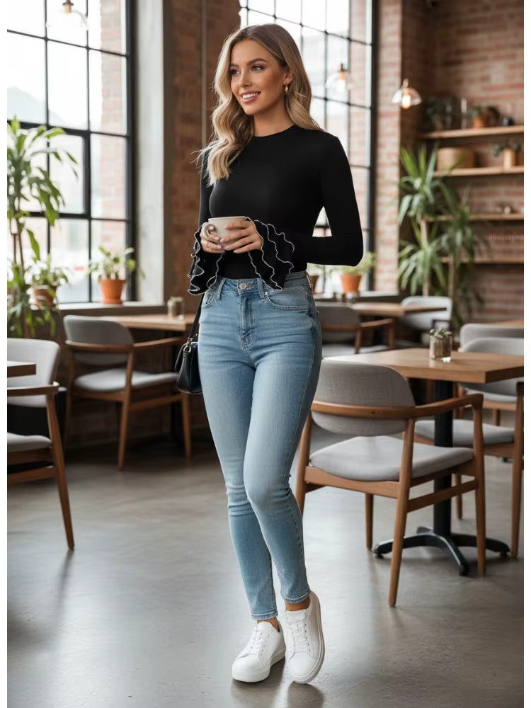 Bonboho T-shirt moulant noir uni pour femmes col rond manches longues à volants chemises élégantes 2025 chemisier de mode d'automne