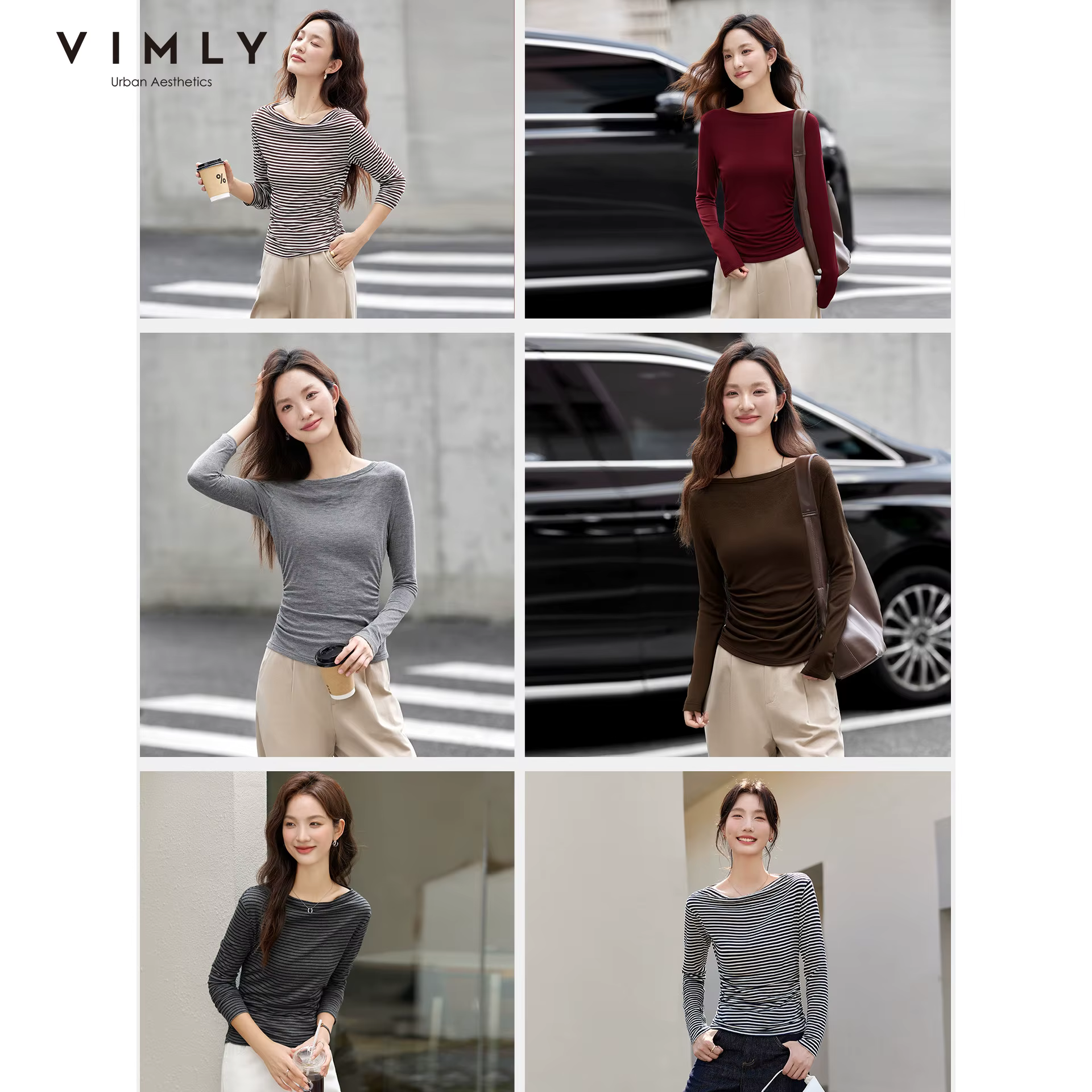 VIMLY Hauts Femme Printemps Automne 2026 Col Bateau Manches Longues T-shirts Décontractés Tricotés Coupe Ajustée Extensibles pour Femmes A3039