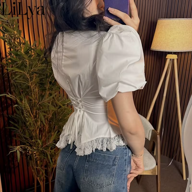 T-shirt Femme Chic à Manches Bouffantes et Dentelle