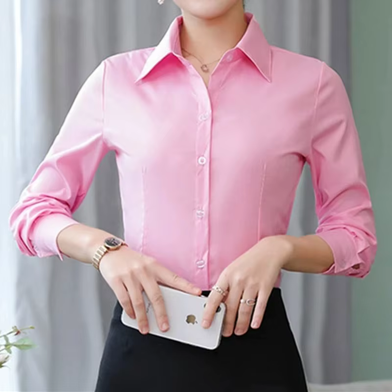 Femmes élégantes chemises femme chemise blanche à manches longues Blouse bureau dame affaires rose