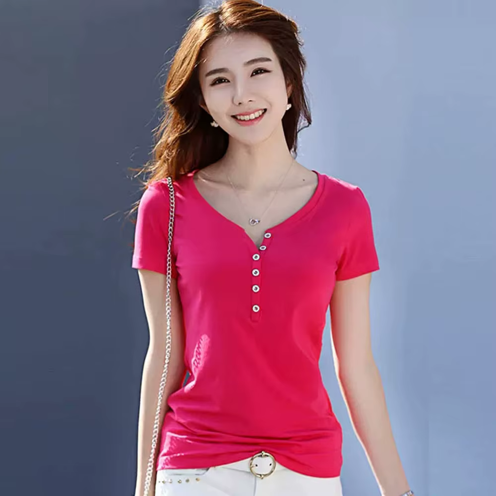 Nouveau Femmes Coton T-shirt Été Mode Bouton Col en V Manche courte Maigrir T-shirts Hauts Simplicité Couleur unie