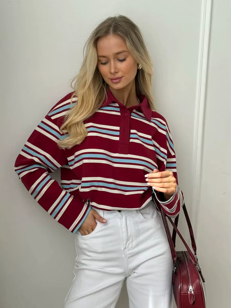Wolfeel Femmes Vintage Inspiré Rétro Rayé Col Polo Surdimensionné Goutte Épaule Manches Longues T-Shirt À La Mode Haut Décontracté