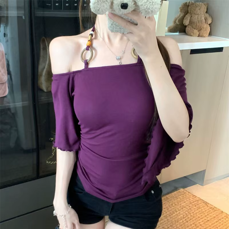 T-shirt à manches courtes asymétrique à épaules dénudées pour femme