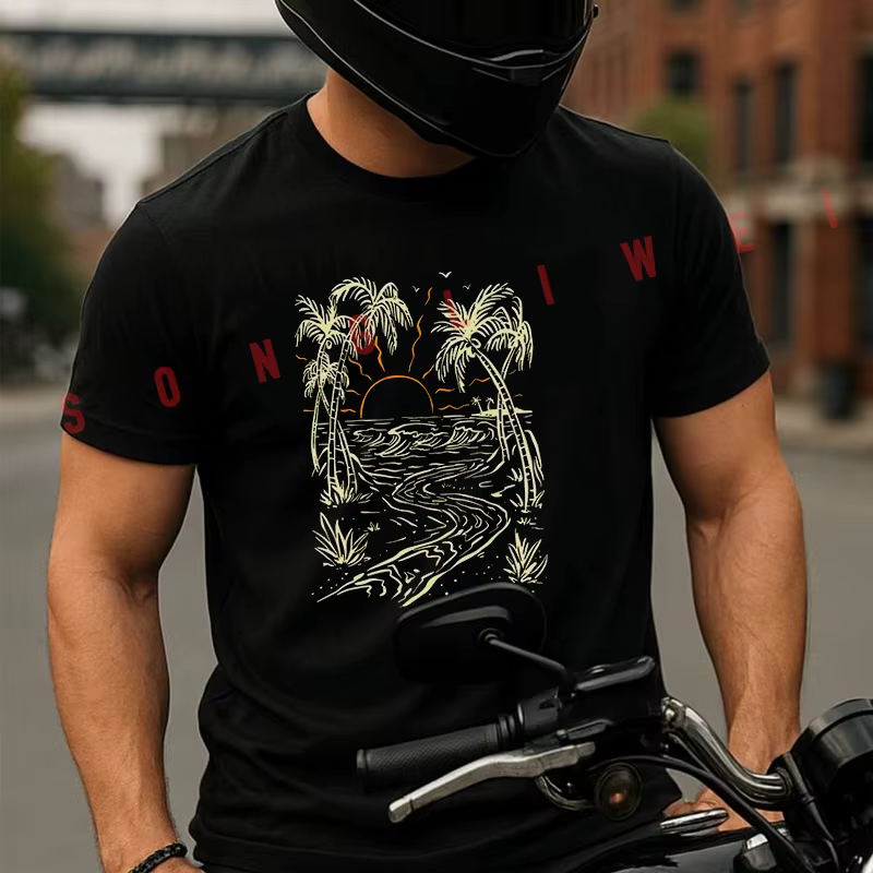 T-shirt imprimé style vacances en bord de mer avec motif insulaire pour homme