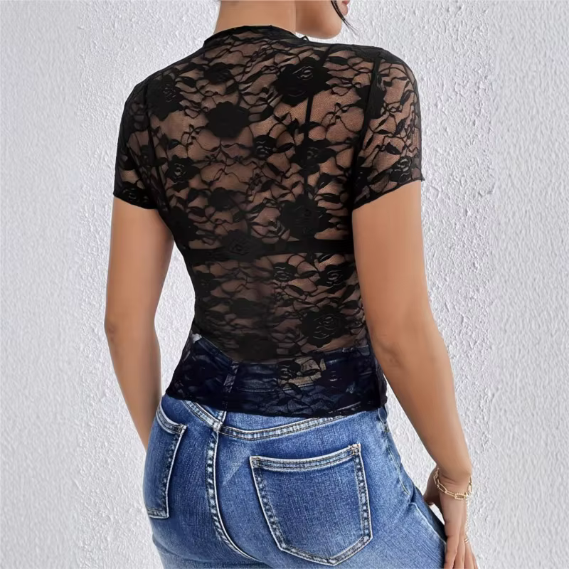 Nouveau T-shirt noir à col montant orné de dentelle, coupe ajustée, pour femme