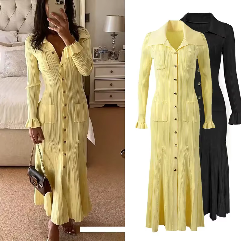 Robe tricotée taille haute, col Polo, manches longues, bouton unique, couleur Pure, nouvelle mode pour femmes, manches longues, longueur cheville Len