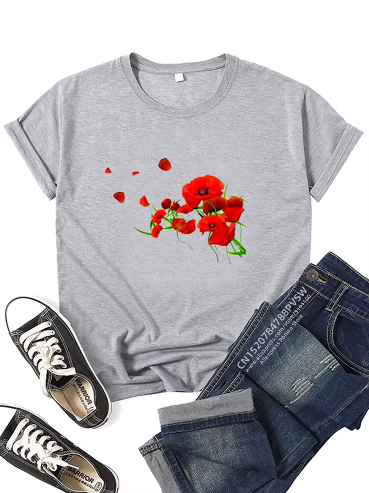 T-shirt imprimé drôle de fleurs rouges pour femmes