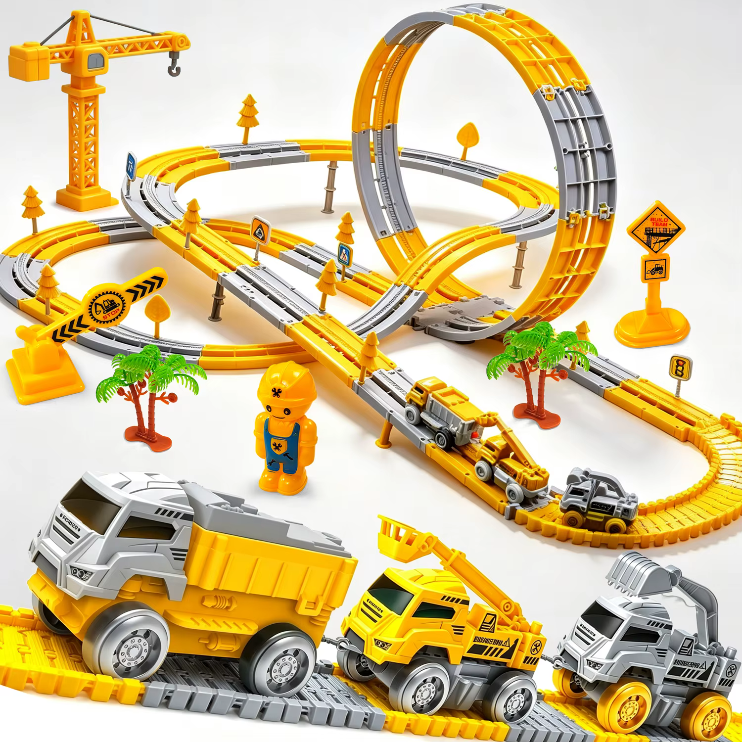 Anti-gravité 360 ° Circuit de course vertical à boucle avec piste d'escalade, jouet véhicule d'ingénierie, grue à tour et panneaux de signalisation, jouets de voiture de circuit DIY
