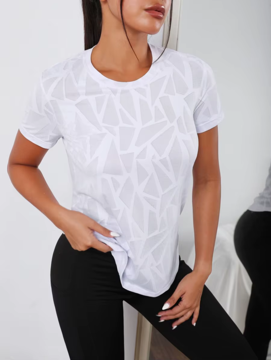 T-shirt chic à imprimé géométrique pour femme – Ourlet incurvé flatteur