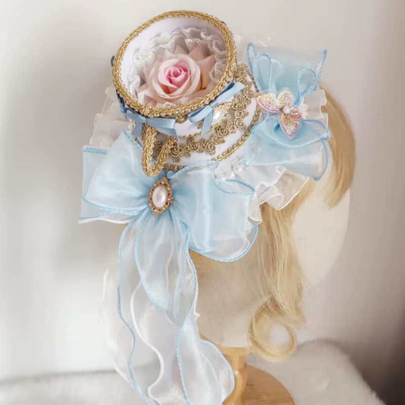 Chapeau haut de forme rose Lolita pour filles avec long ruban
