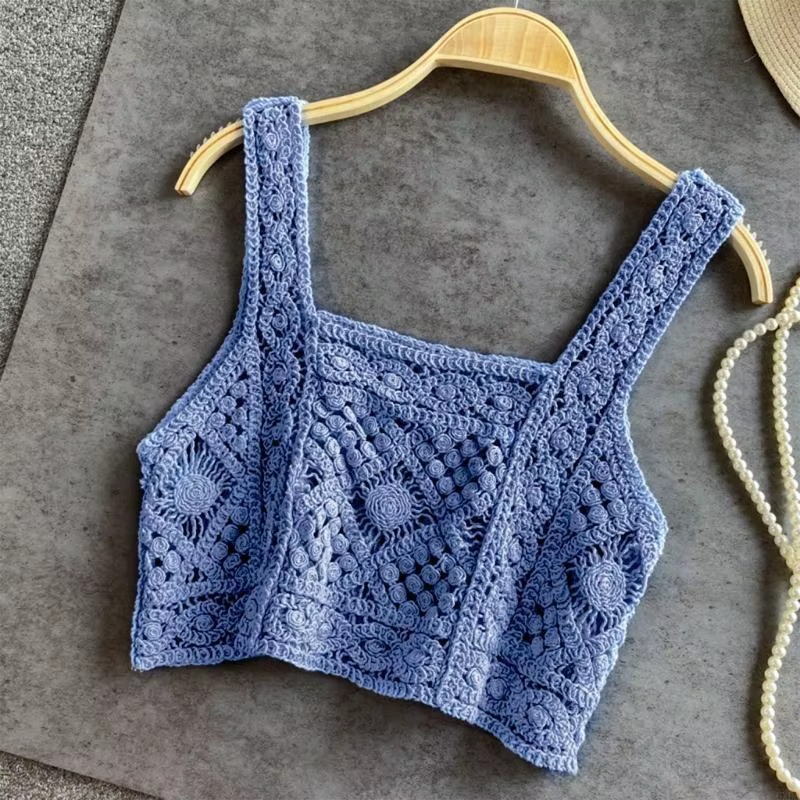 Femmes Crochet Sans Manches Récolte pour Débardeur Rétro Tricot Plaid Col Carré Pull 6XDA