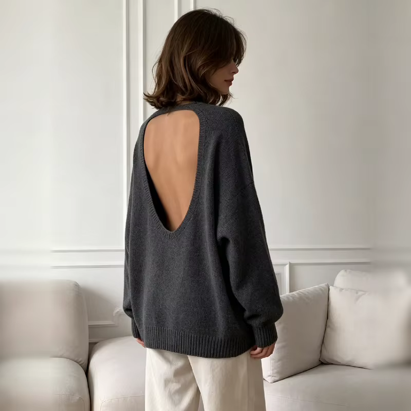 Pull décontracté en maille à col rond, dos ouvert, manches longues, coupe ample, collection automne 2026, mode quotidienne, cardigan polyvalent, haut de tenue