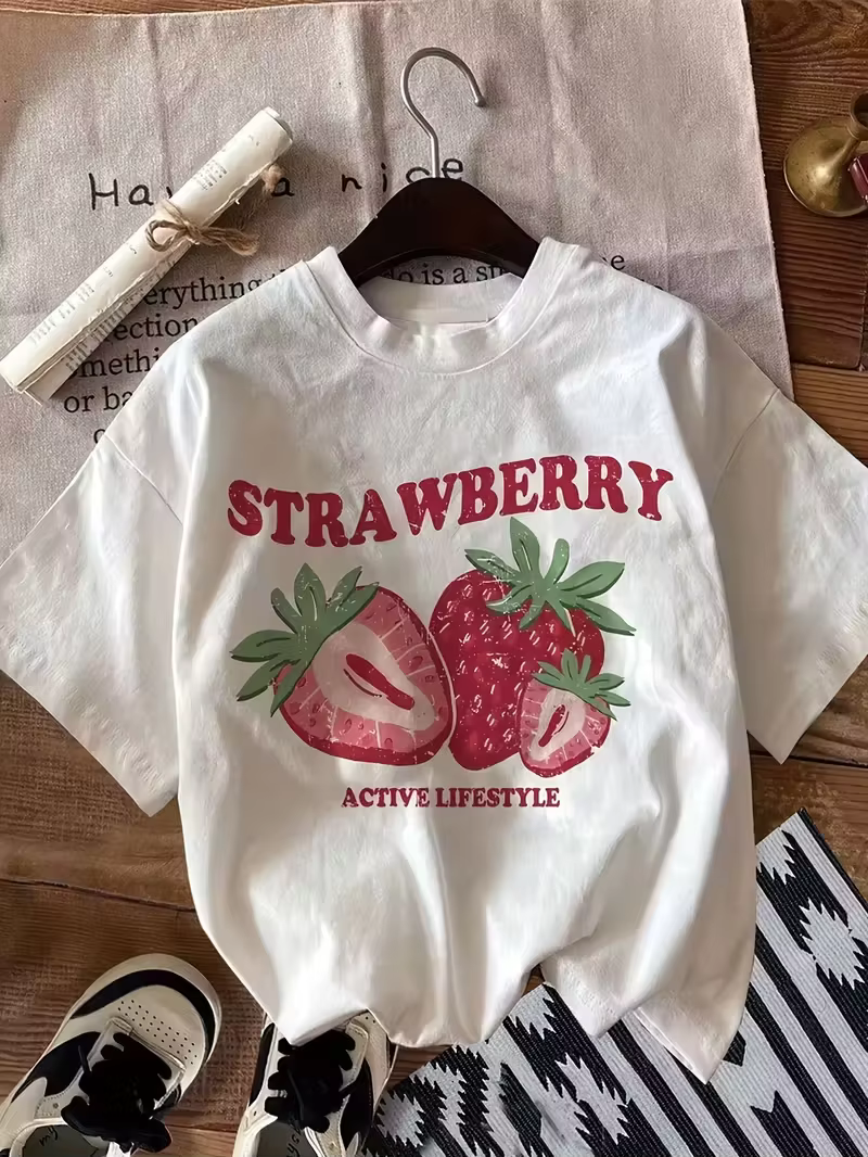 T-shirt vintage à motif fraise pour femme