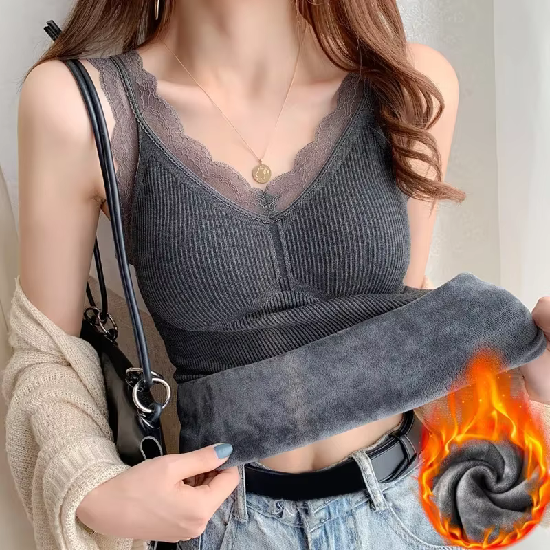 Sous-vêtement thermique gilet intérieur pour femmes chaud hiver Sexy dentelle sans manches débardeurs soutien-gorge rembourré Thermo épais minceur maillot de corps
