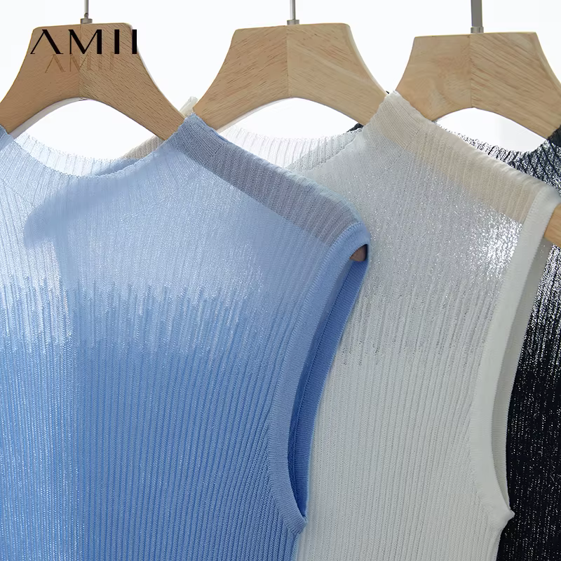 Amii femmes haut minimaliste été nouvelle couleur unie col montant sans manches mince élastique Double courbe fil tricoté Camisole 12542249