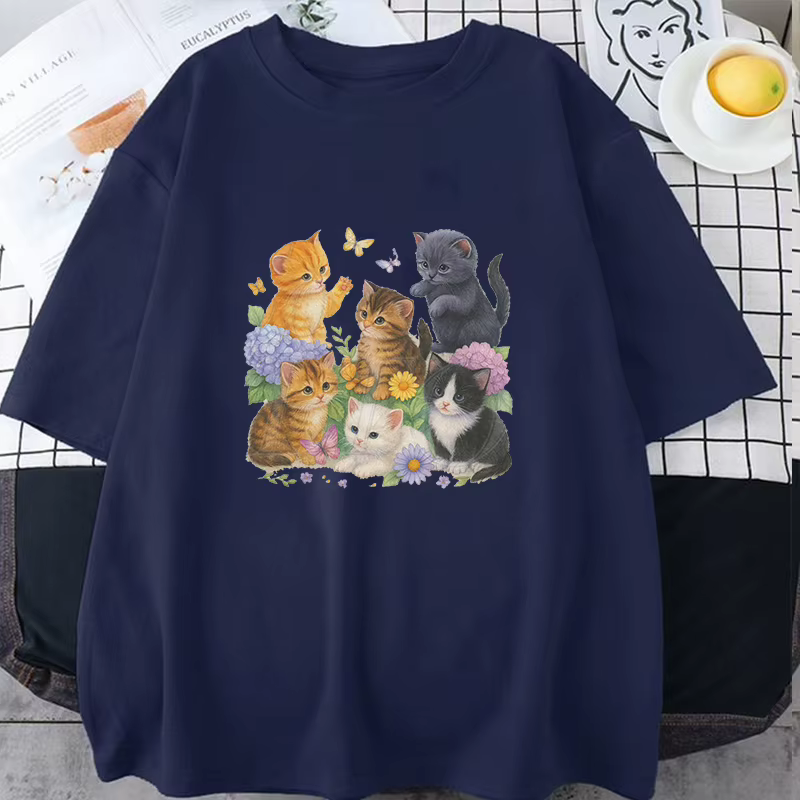 T-shirts à manches courtes avec imprimé chaton vintage mignon