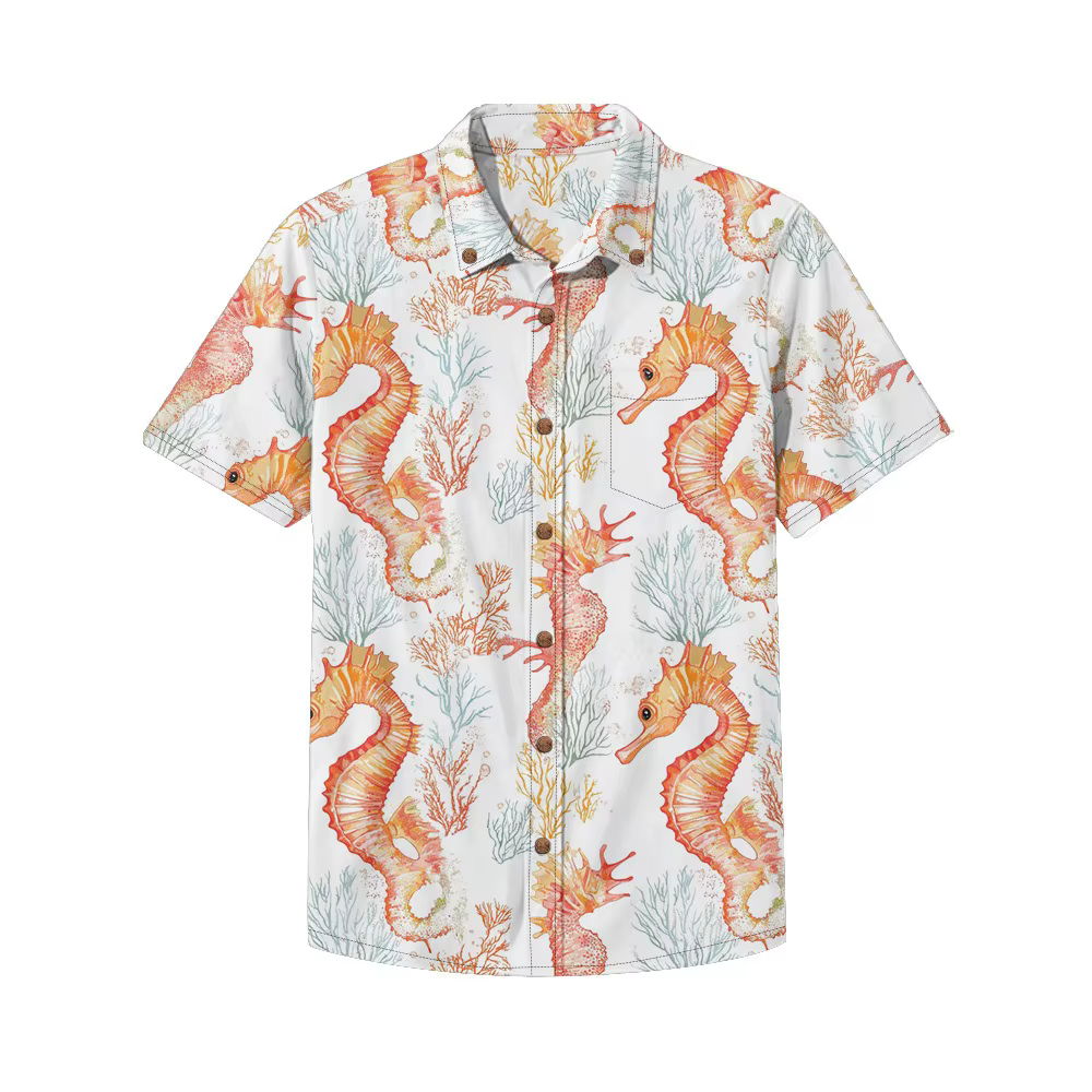 Chemise hawaïenne Aloha vibrante hippocampe et corail pour hommes
