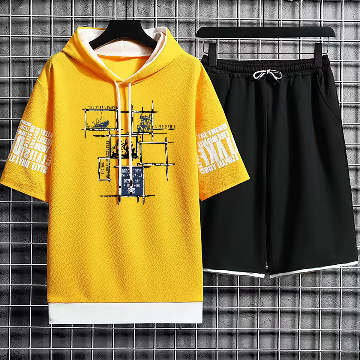 Ensemble de sweats à capuche College à manches courtes pour hommes