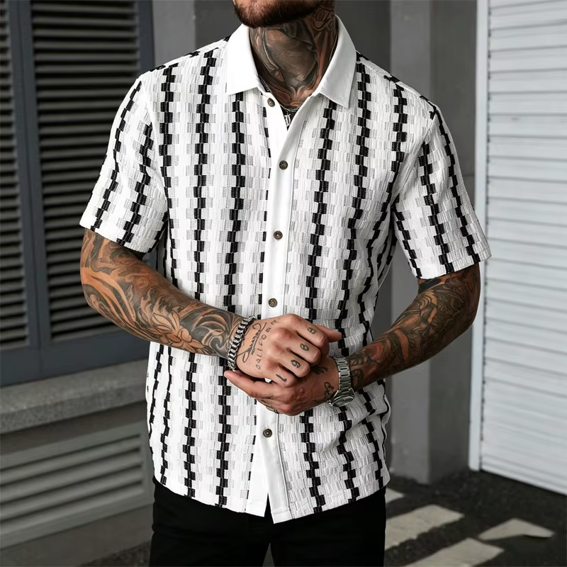 Chemise d'été 2026 pour homme, tricotée à carreaux rétro, à manches courtes, haut polyvalent décontracté et élégant