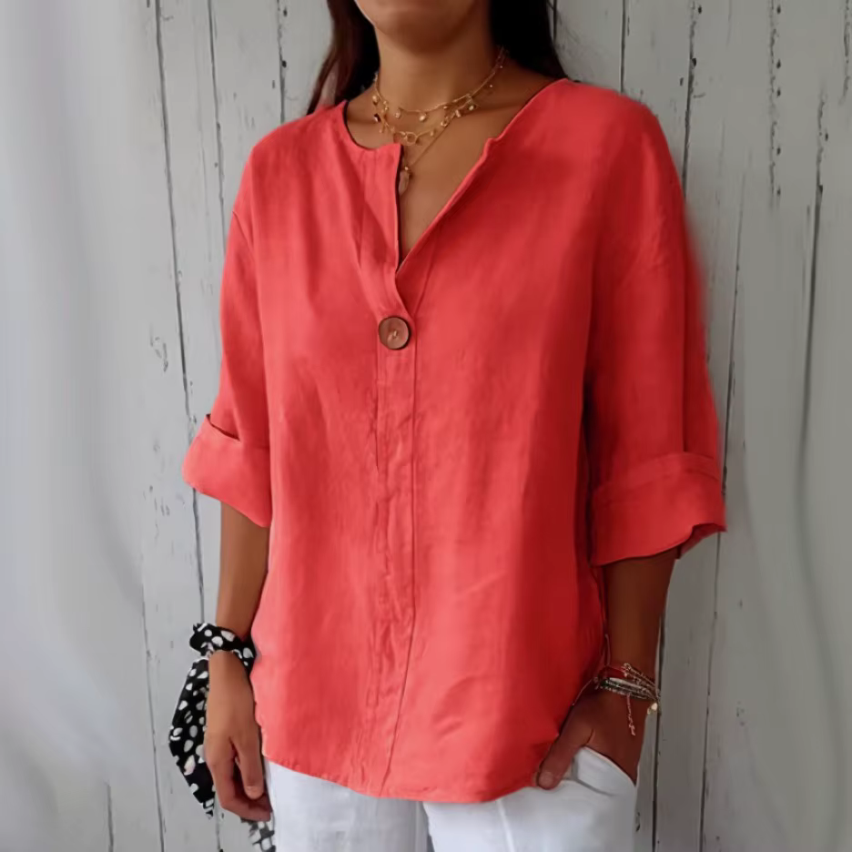 Lâche coton lin boutonné col en V t-shirt femmes été nouveau Style transfrontalier haut décontracté à la mode coupe