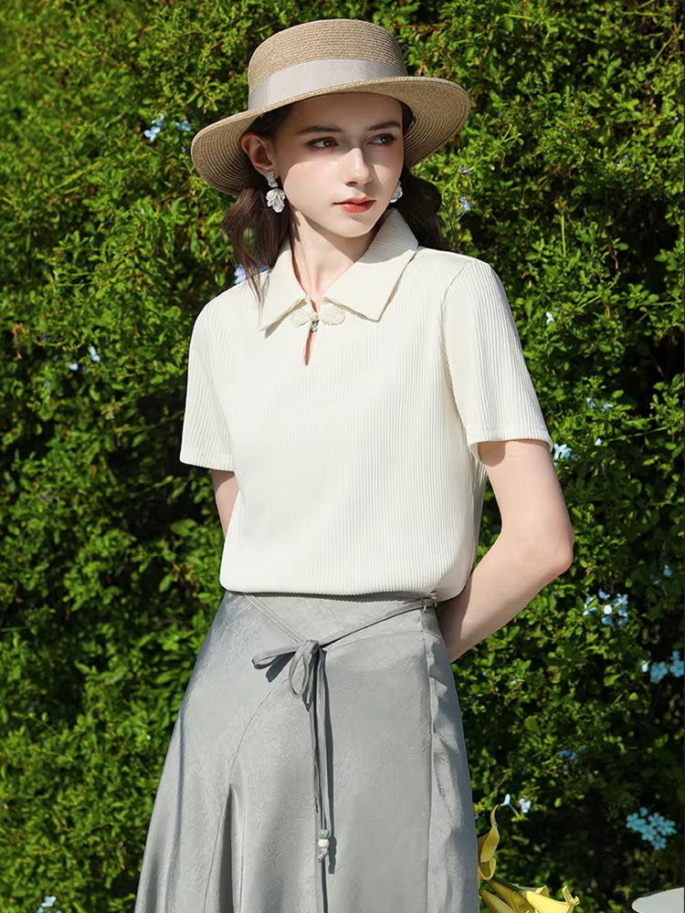 I BELIEVE YOU T-shirt polo côtelé beige pour femme