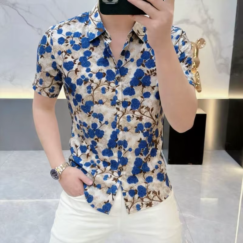 Chemise à manches courtes à imprimé floral tendance pour homme
