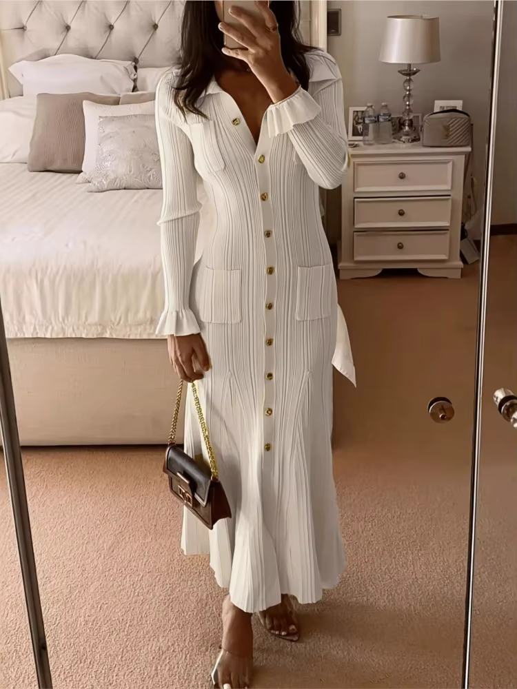 Robe tricotée élégante pour femmes, Slim, revers, manches évasées, poches, robes longues, couleur unie, à la mode, automne