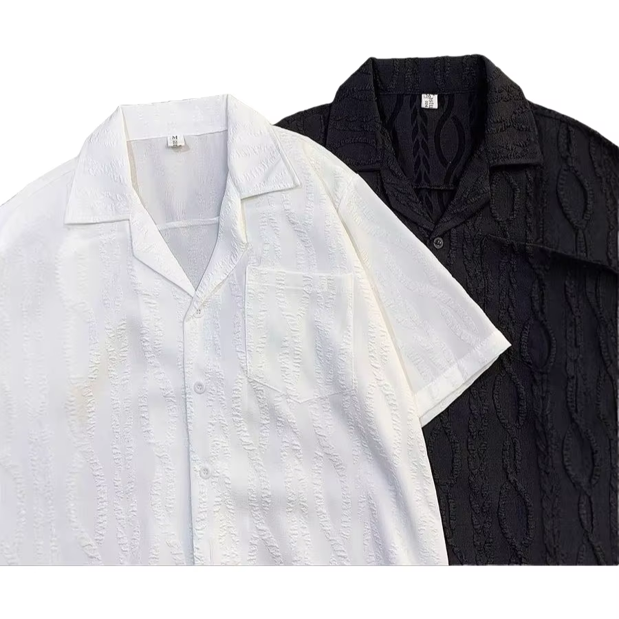 Chemise de plage ample à col cubain texturé à manches courtes pour homme – Tissu mélangé décontracté d'été à haute résistance des couleurs – Mode jeune