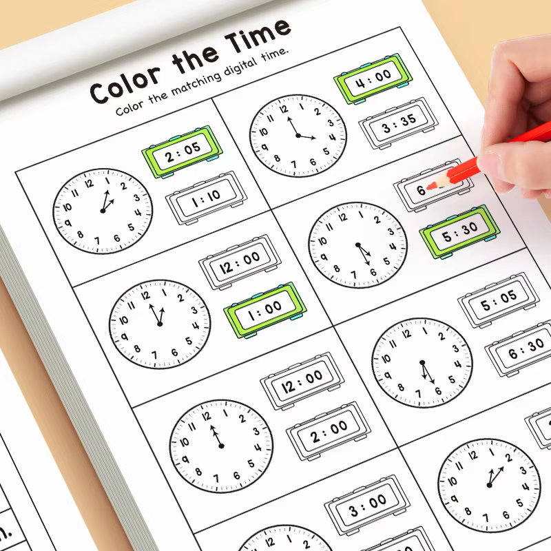 Cahier d'exercices pour enfants sur les concepts de temps d'apprentissage
