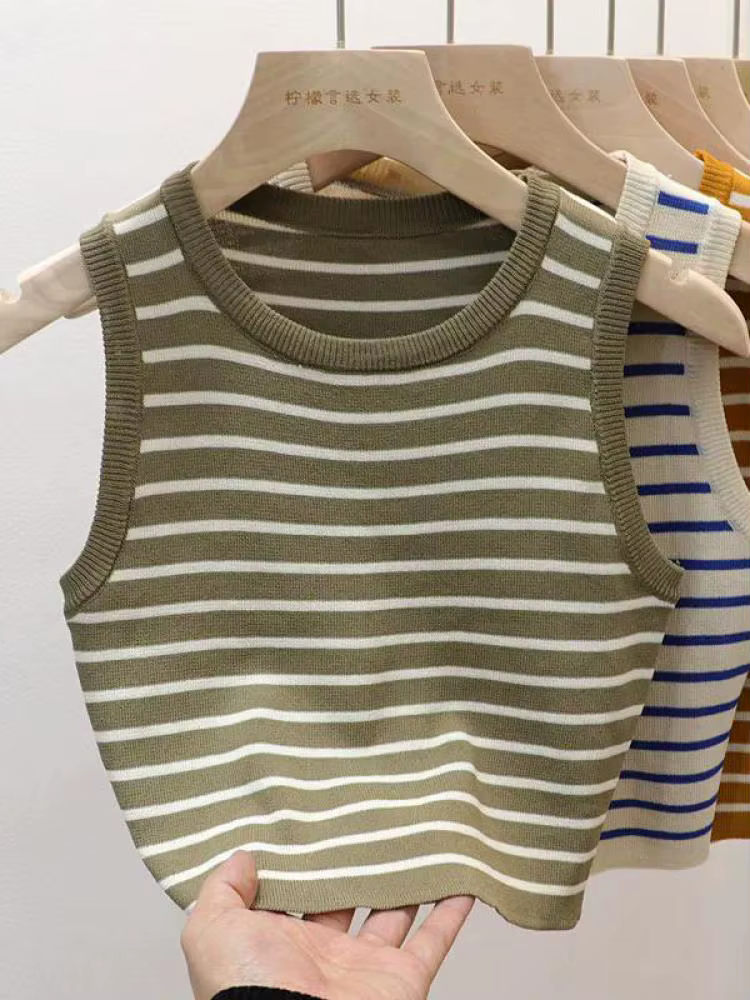 Nouveauté 2026 – Débardeurs rayés tricotés sans manches pour femme – T-shirts courts élastiques et ajustés – Gilets décontractés à col en V – Camisoles pull-over