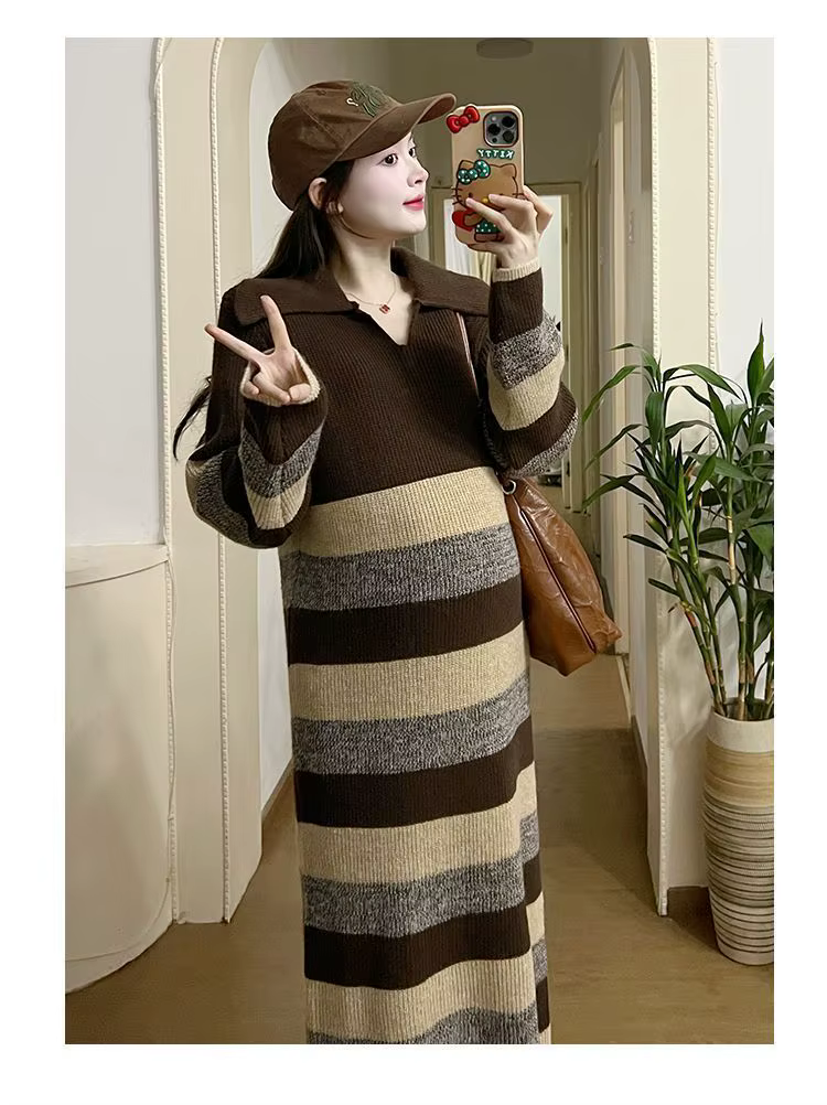 Robe en tricot rayé pour femmes, manches longues, col Polo, coupe ample, longueur mi-mollet, Style décontracté, vêtements d'automne et d'hiver