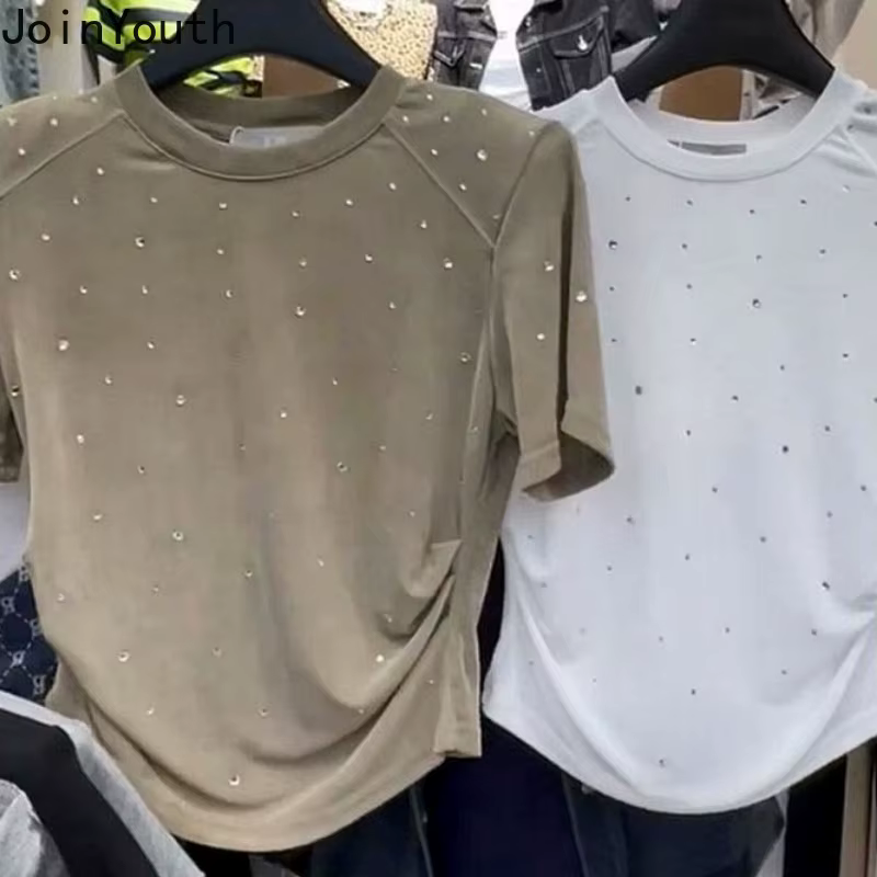 2025 Ropa Mujer t-shirts pour femmes blanc paillettes diamant culture hauts col rond tunique à manches courtes
