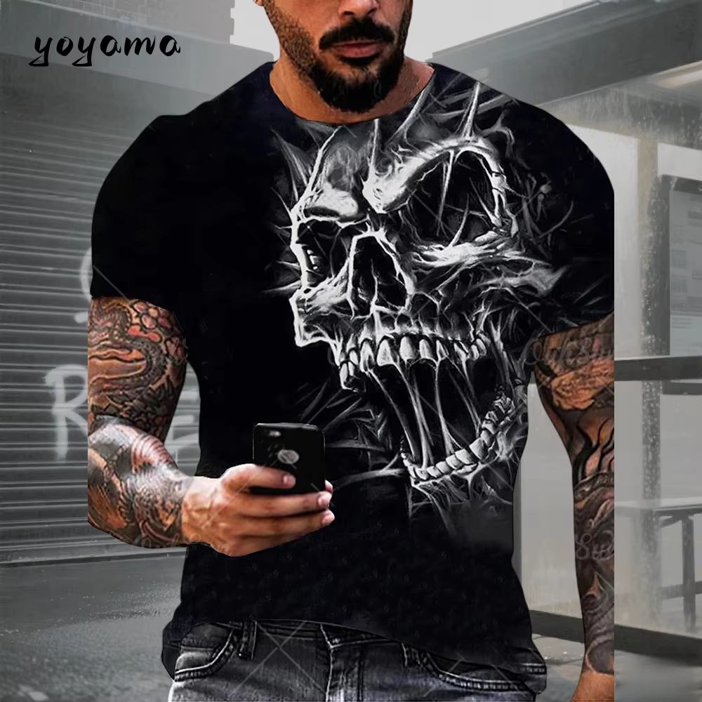 T-shirt pour homme avec motif crâne imprimé en 3D. Vêtements d'été rétro décontractés et sportifs à manches courtes