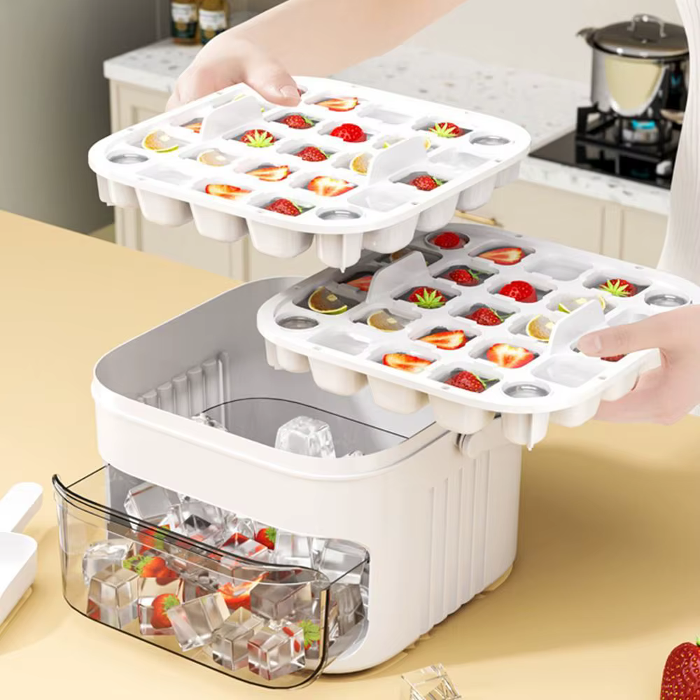 Machine à glaçons à 50 cubes avec capuchon de presse facile, Machine à glaçons Double couche, réfrigérateur, stockage de glace domestique, boîte à glace