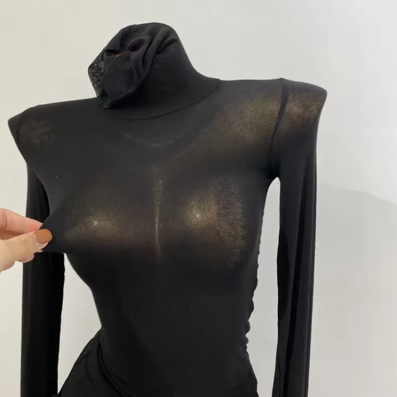 Mince doux américain à manches longues T-shirt col haut empilé serré Perspective bas chemise femmes coupe ajustée hauts Sexy Streetwear