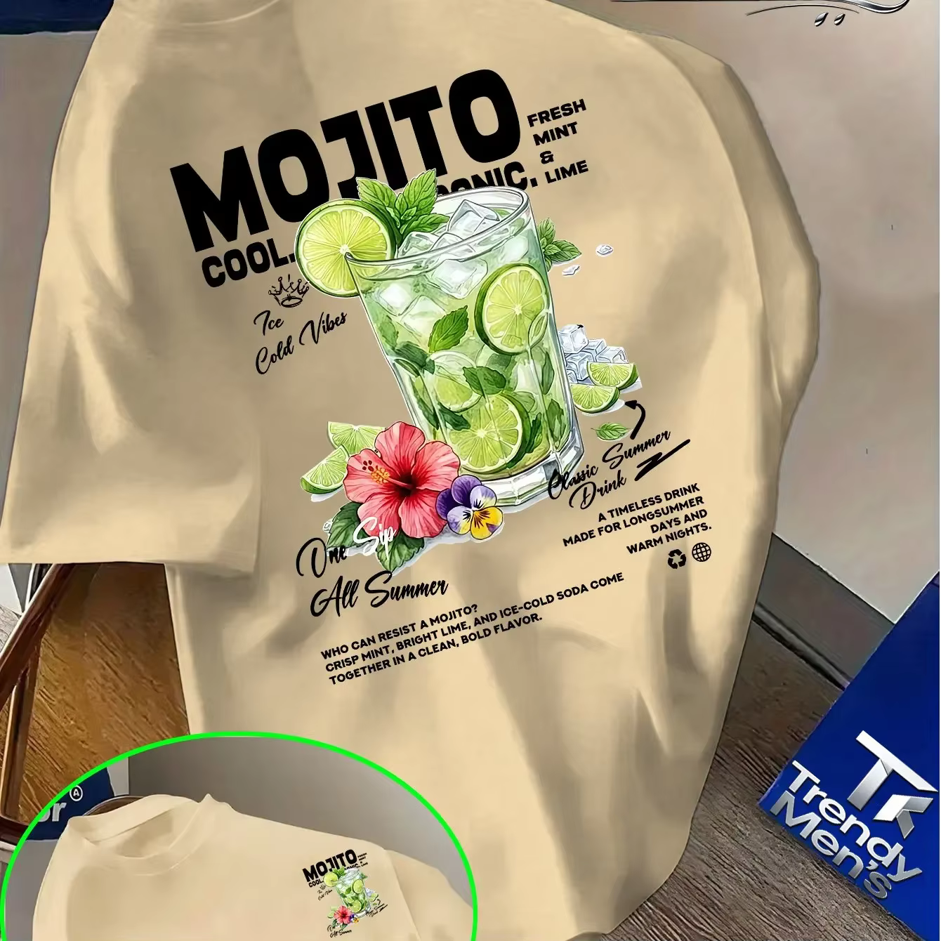 T-shirt pour homme en coton 100% avec imprimé de fleurs de citron vert Mojito