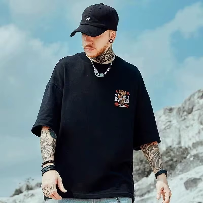 8XL hommes T-shirt style décontracté adolescent étudiant T-shirt américain Vintage mignon Selfie ours en peluche imprimé T-shirt ample grande taille grand haut