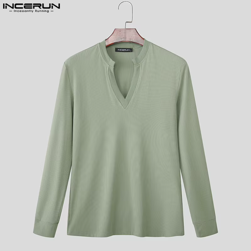 INCERUN hommes t-shirt couleur unie col en V à manches longues tricoté Streetwear mâle