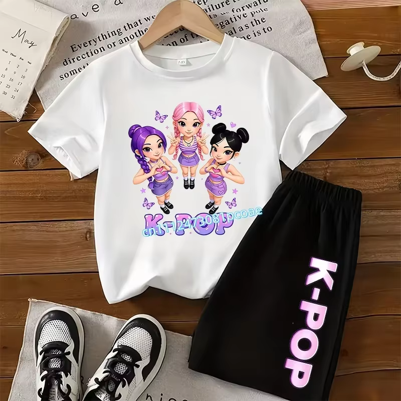 Ensemble en coton à manches courtes pour enfants K-POP - T-shirt de sport pour filles avec imprimé de dessin animé, haut décontracté, t-shirt d'été, ensemble 2 pièces