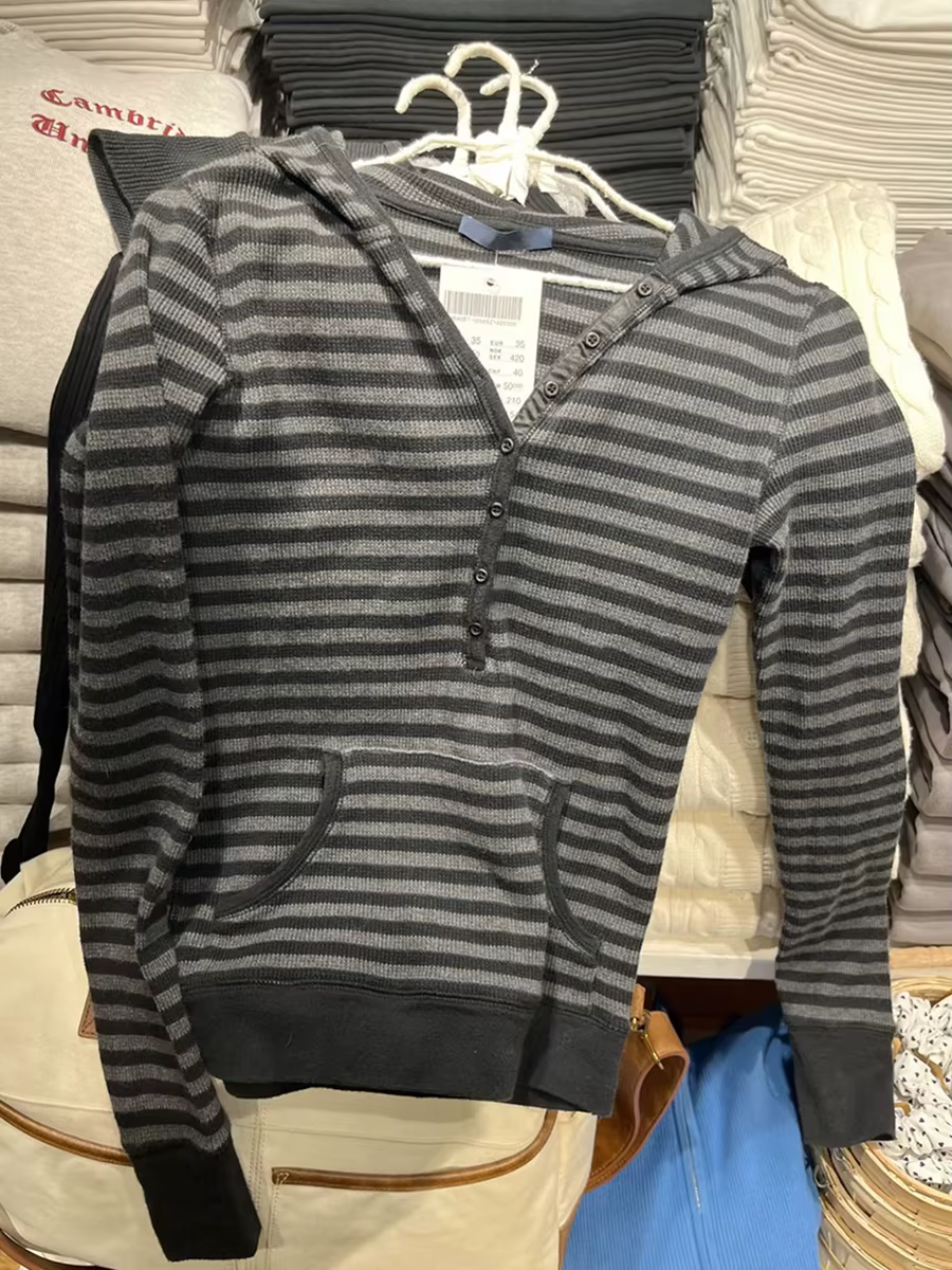 Rayé gaufre à manches longues T-Shirt femme printemps boutons à capuche mince