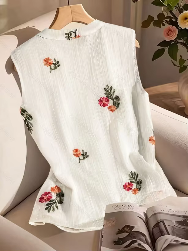 Nouvelle Blouse d'été sans manches à col rond brodée pour femme