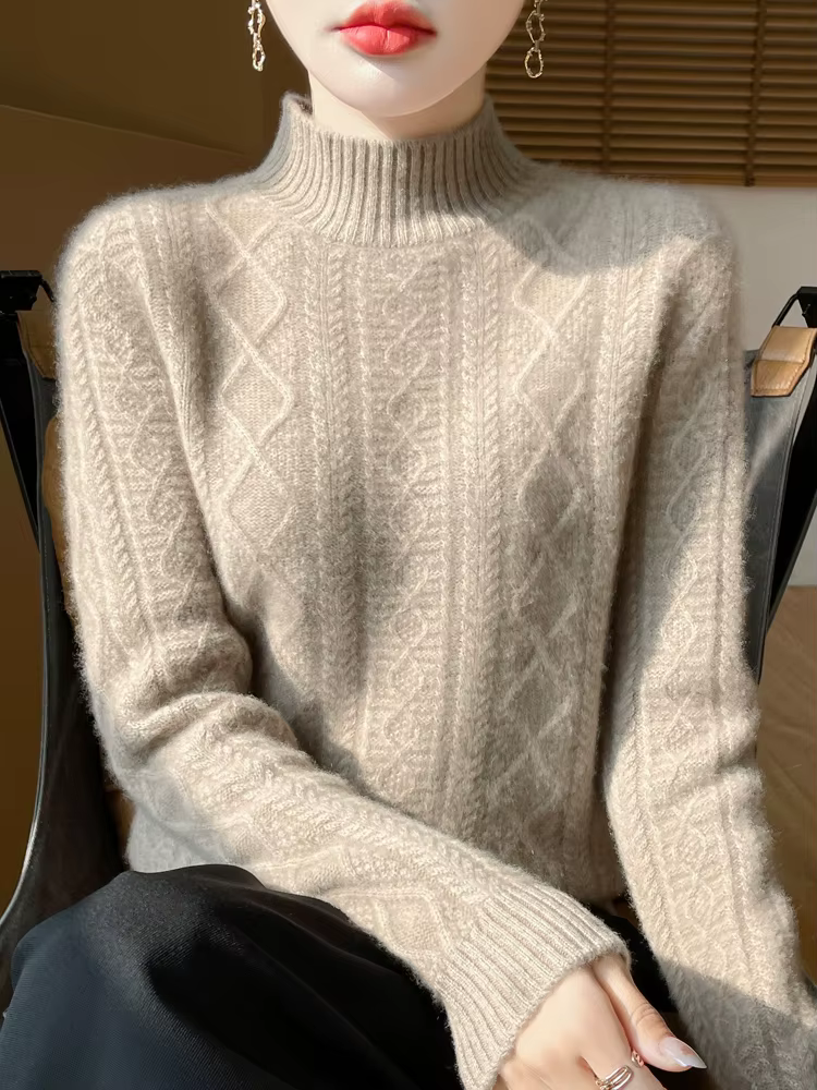 100% laine mérinos pull femmes automne hiver pulls col montant cachemire tricots doux chaud confort femme basique bas chemise
