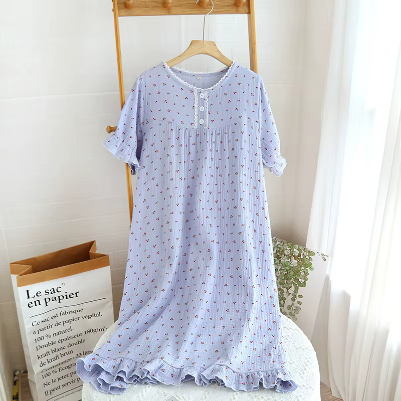Chemise de nuit à manches courtes femmes dentelle cerise imprimé