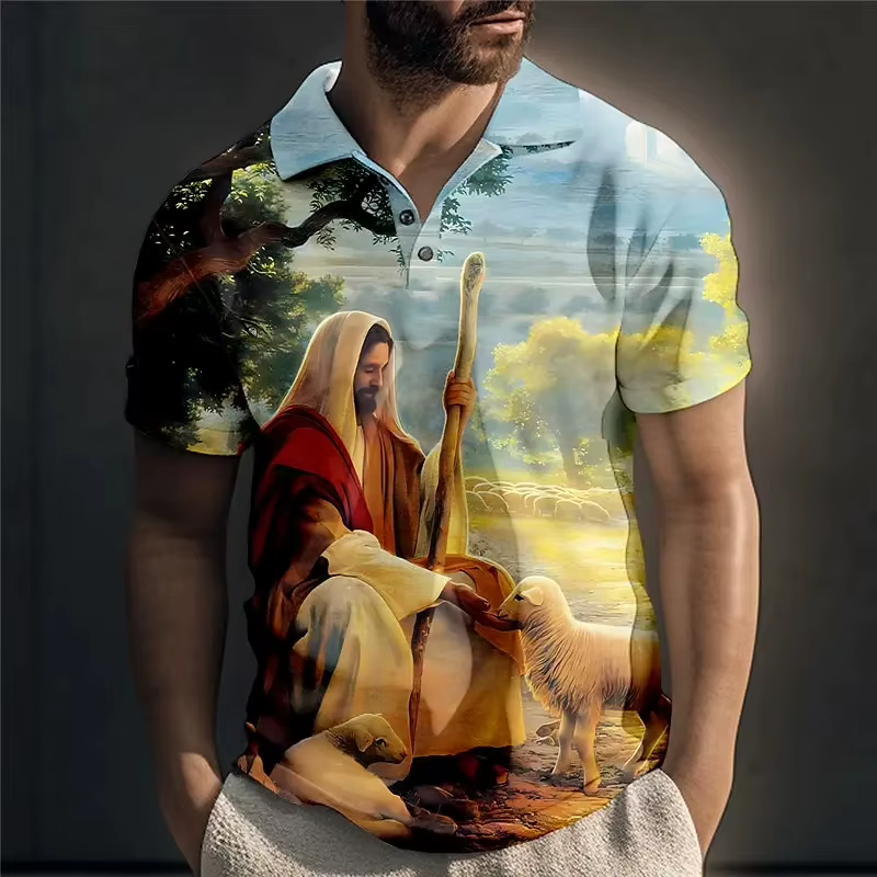 Polo à manches courtes avec impression 3D du Christ Jésus pour homme