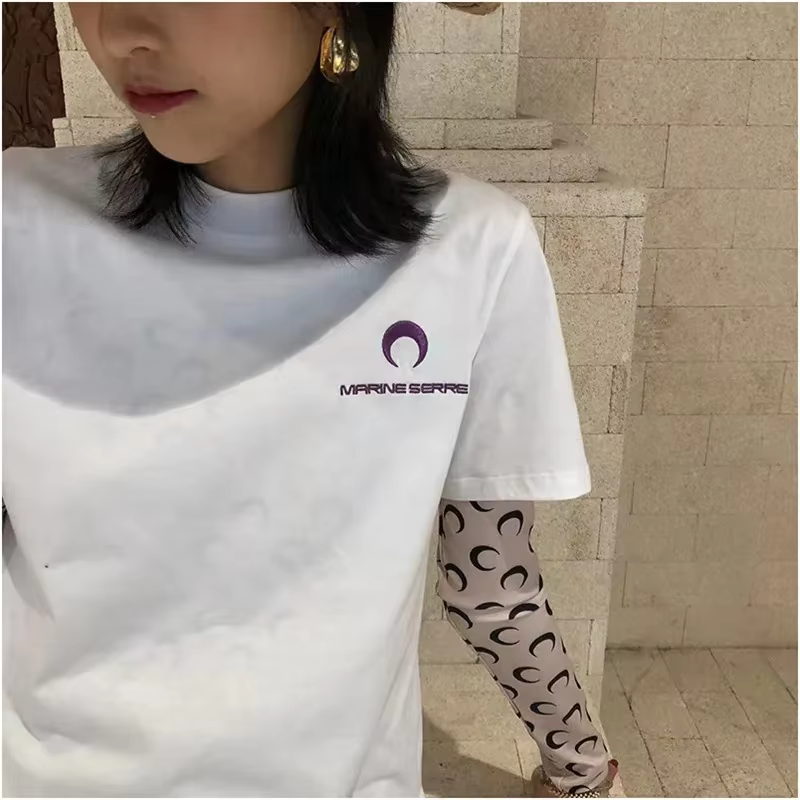 MarineEPRINCESS brodé demi-lune lettre unisexe T-Shirt col rond à la mode à manches courtes femmes haut tendance